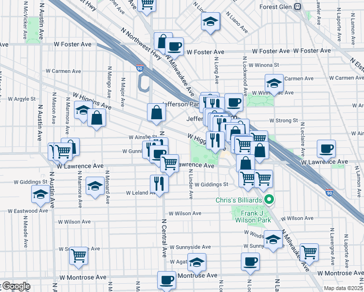 map of restaurants, bars, coffee shops, grocery stores, and more near 4833 North Central Avenue in Chicago