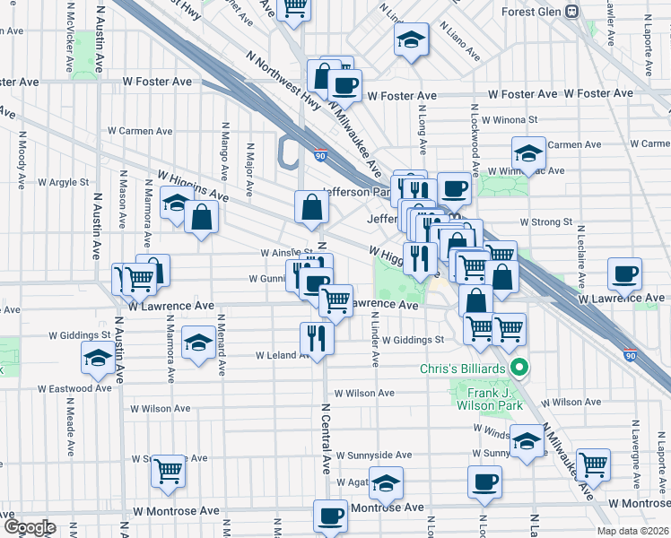map of restaurants, bars, coffee shops, grocery stores, and more near 4833 North Central Avenue in Chicago