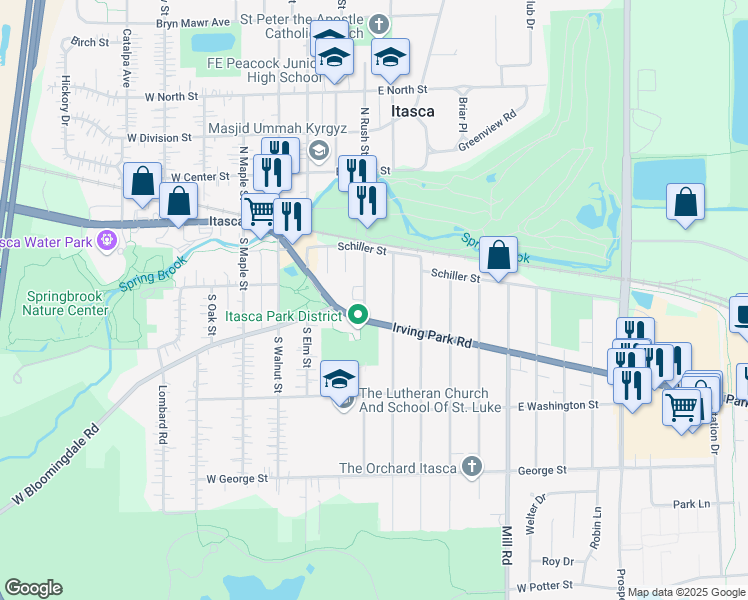 map of restaurants, bars, coffee shops, grocery stores, and more near 248 South Rush Street in Itasca
