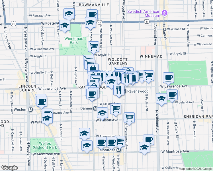 map of restaurants, bars, coffee shops, grocery stores, and more near 1900 West Lawrence Avenue in Chicago
