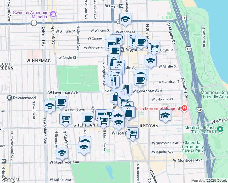 map of restaurants, bars, coffee shops, grocery stores, and more near W Lawrence Ave & N Broadway St in Chicago