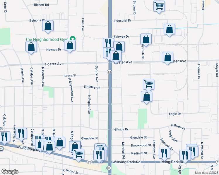 map of restaurants, bars, coffee shops, grocery stores, and more near 4N553 Illinois 83 in Bensenville