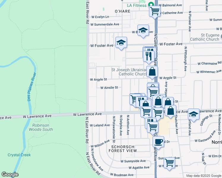 map of restaurants, bars, coffee shops, grocery stores, and more near 4904 Ridgewood Avenue in Norridge