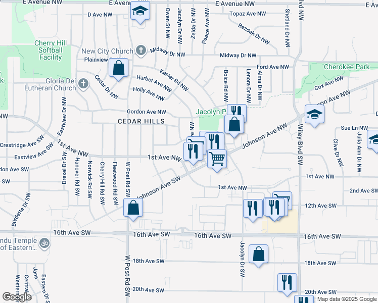 map of restaurants, bars, coffee shops, grocery stores, and more near 5012 1st Avenue Southwest in Cedar Rapids