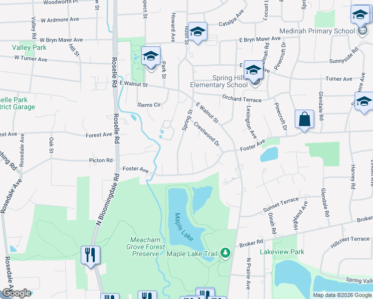 map of restaurants, bars, coffee shops, grocery stores, and more near 826 Greenwood Court in Roselle