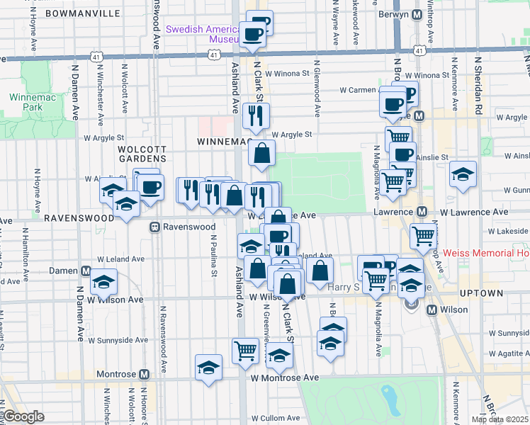 map of restaurants, bars, coffee shops, grocery stores, and more near 4751 North Clark Street in Chicago