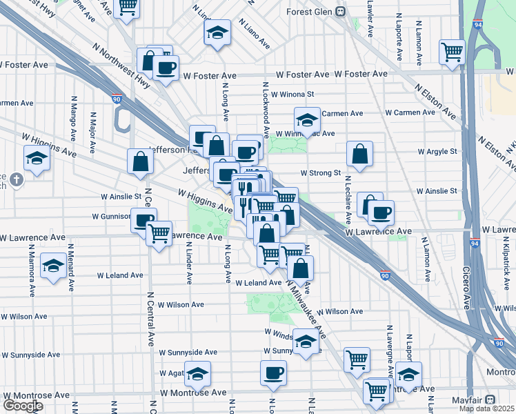 map of restaurants, bars, coffee shops, grocery stores, and more near 4831 North Milwaukee Avenue in Chicago