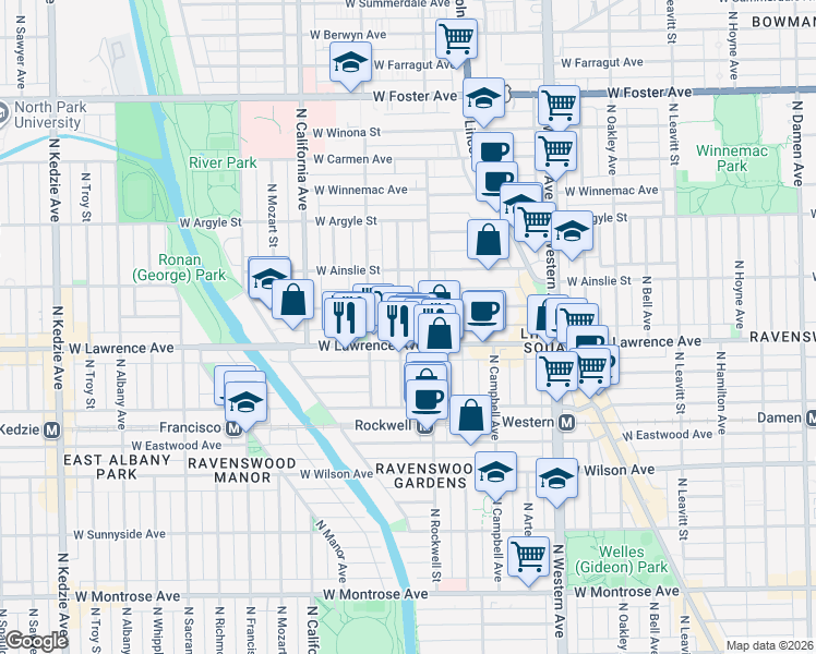map of restaurants, bars, coffee shops, grocery stores, and more near 2623 West Lawrence Avenue in Chicago