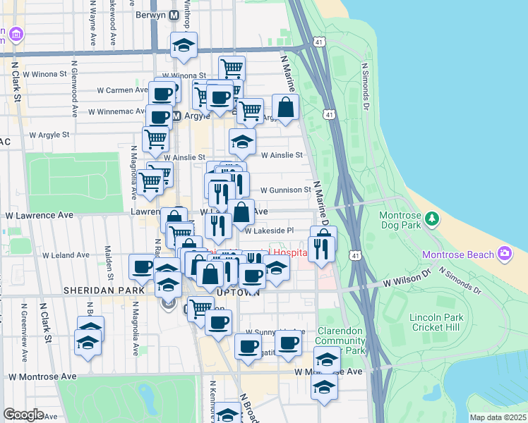 map of restaurants, bars, coffee shops, grocery stores, and more near 858 West Lakeside Place in Chicago