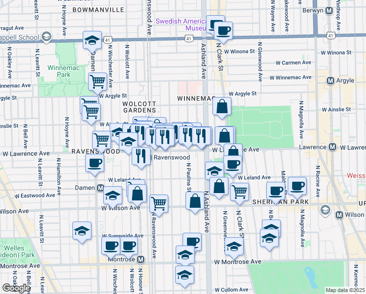 map of restaurants, bars, coffee shops, grocery stores, and more near 4745 North Hermitage Avenue in Chicago