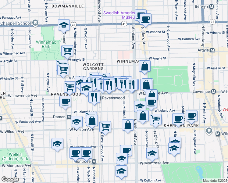 map of restaurants, bars, coffee shops, grocery stores, and more near 4745 North Hermitage Avenue in Chicago
