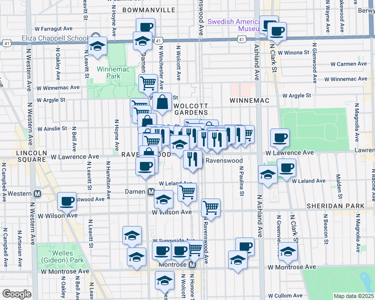 map of restaurants, bars, coffee shops, grocery stores, and more near 1805 West Lawrence Avenue in Chicago