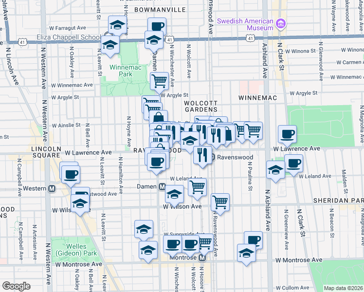map of restaurants, bars, coffee shops, grocery stores, and more near 4728 North Wolcott Avenue in Chicago