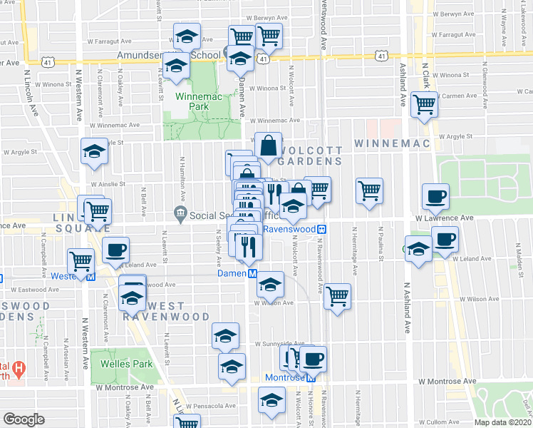 map of restaurants, bars, coffee shops, grocery stores, and more near 1945 West Lawrence Avenue in Chicago