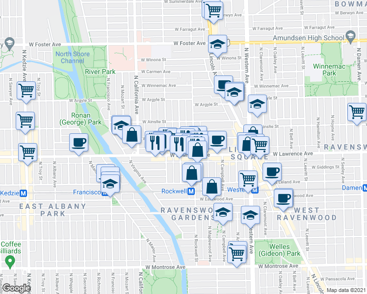 map of restaurants, bars, coffee shops, grocery stores, and more near in Chicago