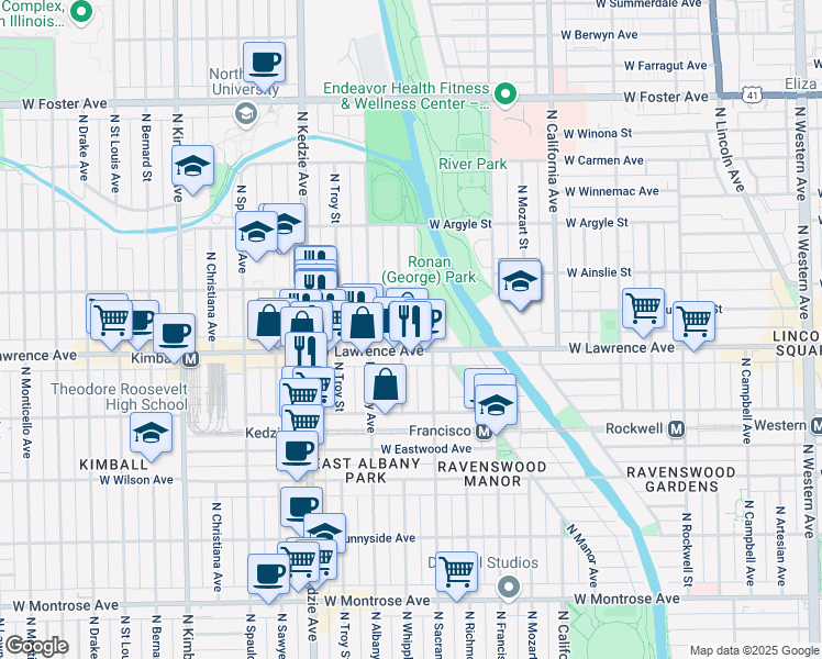 map of restaurants, bars, coffee shops, grocery stores, and more near 3035 West Lawrence Avenue in Chicago