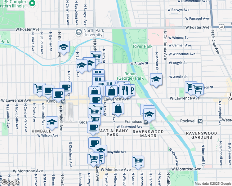 map of restaurants, bars, coffee shops, grocery stores, and more near 3035 West Lawrence Avenue in Chicago