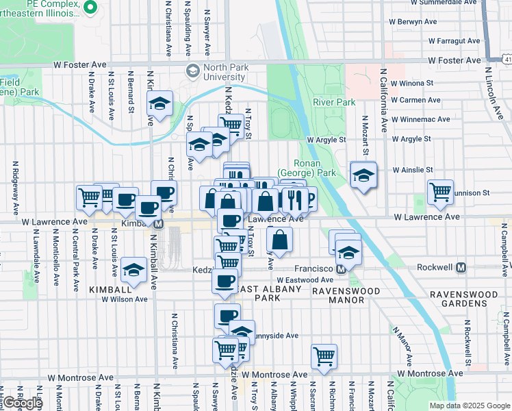 map of restaurants, bars, coffee shops, grocery stores, and more near 3111 West Lawrence Avenue in Chicago
