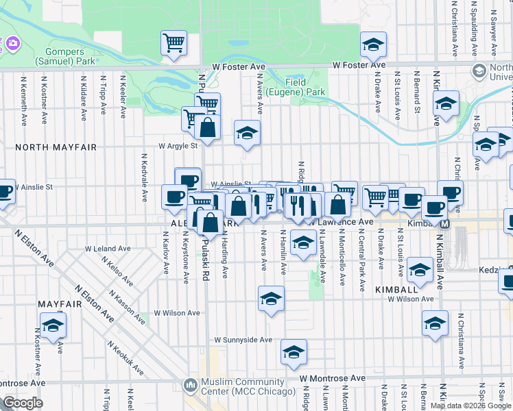 map of restaurants, bars, coffee shops, grocery stores, and more near in Chicago