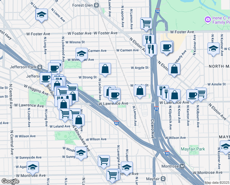 map of restaurants, bars, coffee shops, grocery stores, and more near 5001 West Gunnison Street in Chicago