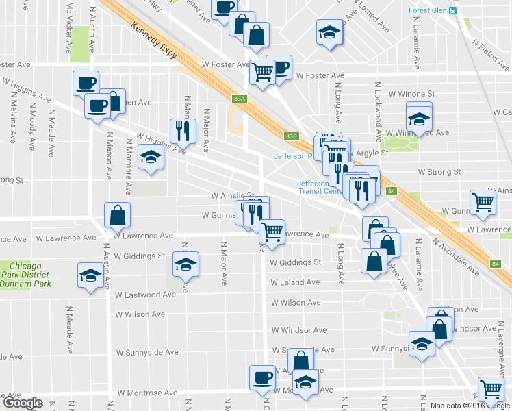 map of restaurants, bars, coffee shops, grocery stores, and more near 5605 West Gunnison Street in Chicago