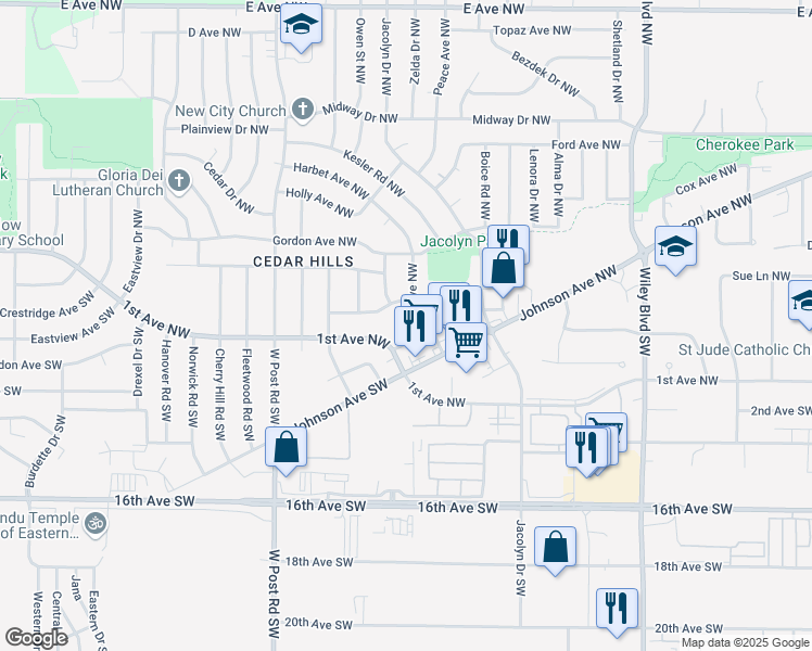 map of restaurants, bars, coffee shops, grocery stores, and more near 5012 1st Avenue Southwest in Cedar Rapids