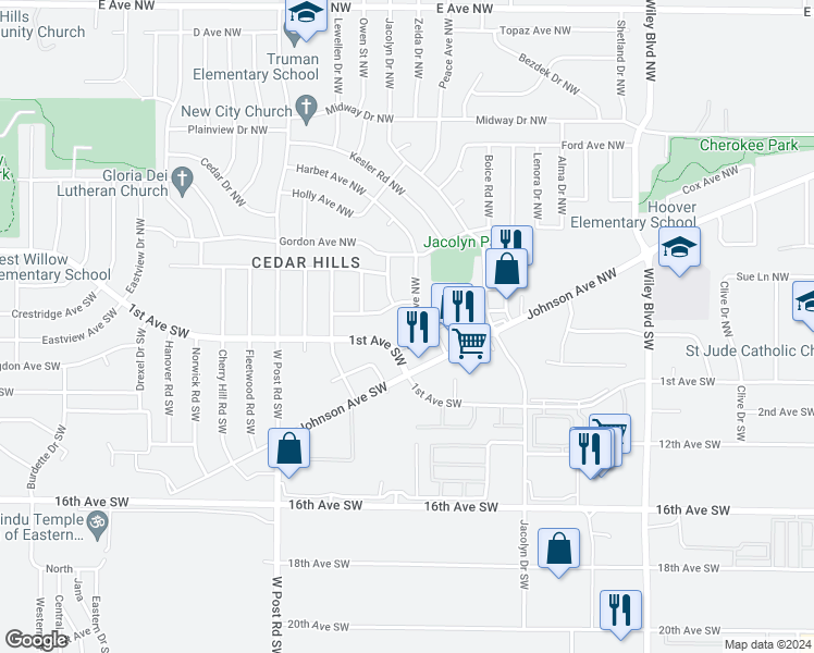 map of restaurants, bars, coffee shops, grocery stores, and more near 5012 1st Avenue Southwest in Cedar Rapids