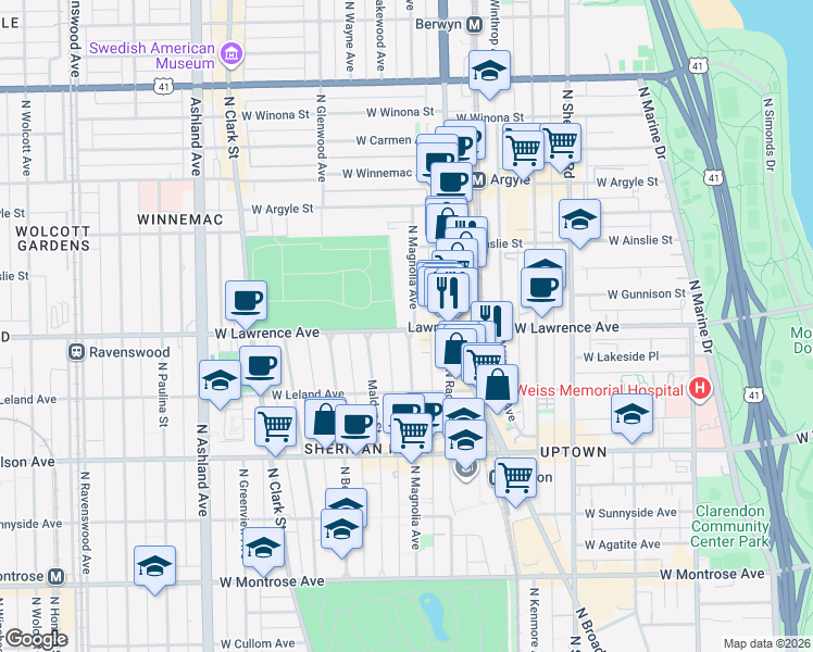 map of restaurants, bars, coffee shops, grocery stores, and more near 4800 North Magnolia Avenue in Chicago