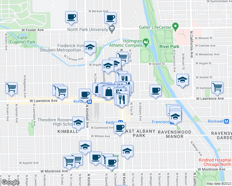 map of restaurants, bars, coffee shops, grocery stores, and more near 3222 West Lawrence Avenue in Chicago