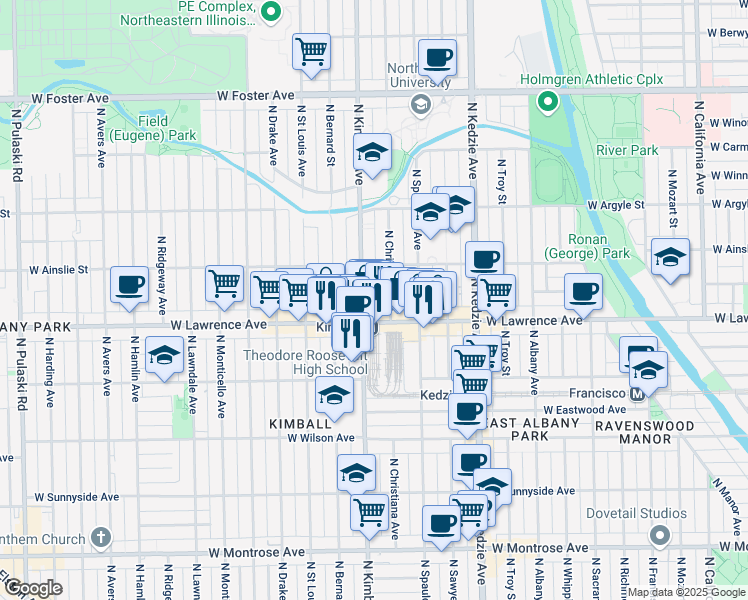 map of restaurants, bars, coffee shops, grocery stores, and more near 4823 North Kimball Avenue in Chicago