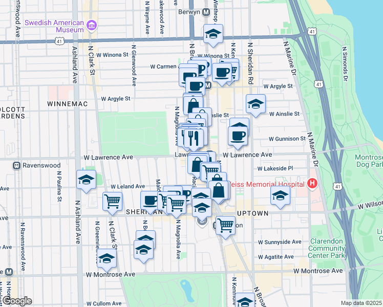 map of restaurants, bars, coffee shops, grocery stores, and more near 4800 North Broadway in Chicago