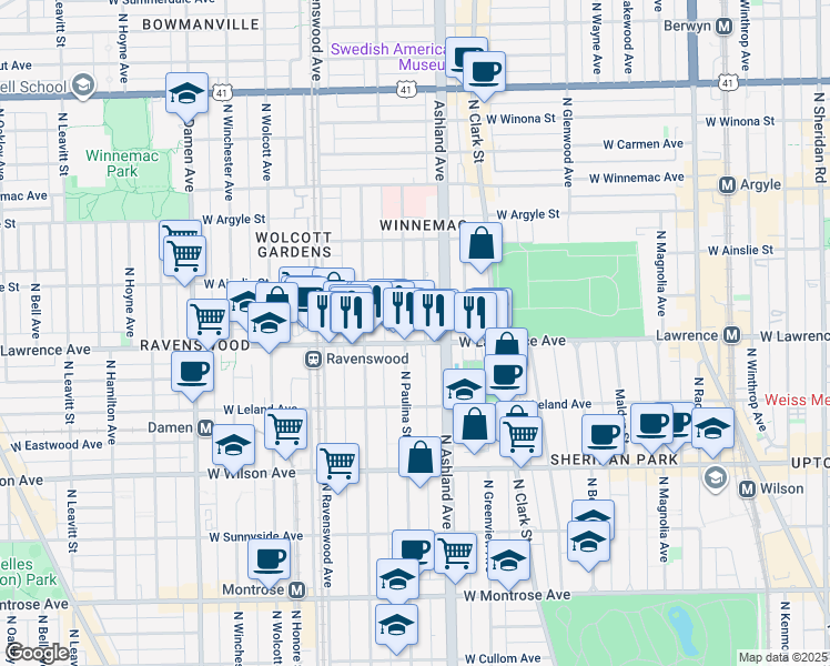 map of restaurants, bars, coffee shops, grocery stores, and more near 4805 North Paulina Street in Chicago