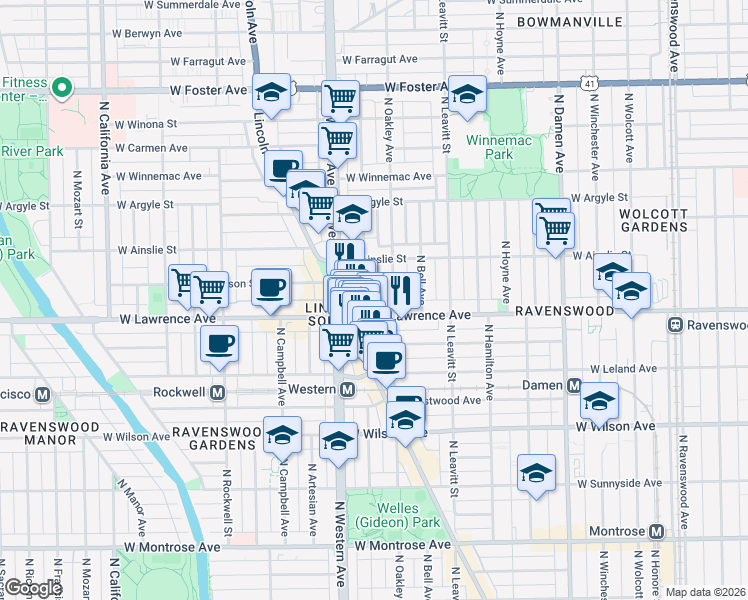 map of restaurants, bars, coffee shops, grocery stores, and more near 4747 North Lincoln Avenue in Chicago