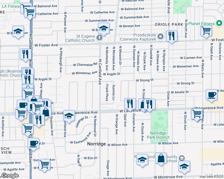 map of restaurants, bars, coffee shops, grocery stores, and more near 4850 Sunrise Lane in Norridge