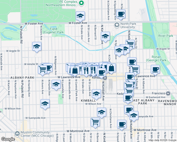 map of restaurants, bars, coffee shops, grocery stores, and more near 3456 West Lawrence Avenue in Chicago
