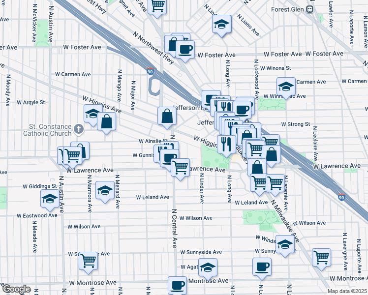 map of restaurants, bars, coffee shops, grocery stores, and more near 4833 North Central Avenue in Chicago