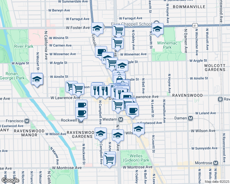 map of restaurants, bars, coffee shops, grocery stores, and more near 2425 West Lawrence Avenue in Chicago