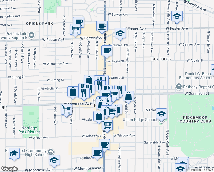 map of restaurants, bars, coffee shops, grocery stores, and more near 4803 Illinois 43 in Harwood Heights