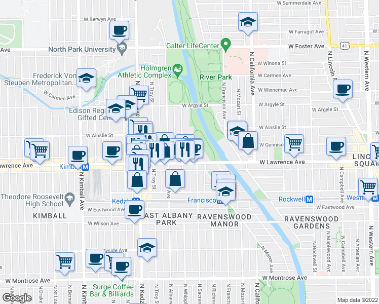 map of restaurants, bars, coffee shops, grocery stores, and more near 3011 West Gunnison Street in Chicago