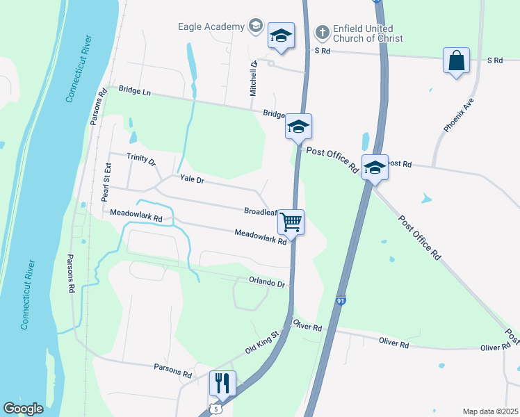 map of restaurants, bars, coffee shops, grocery stores, and more near 13 Meadowlark Road in Enfield