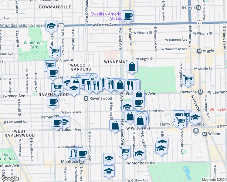 map of restaurants, bars, coffee shops, grocery stores, and more near 4751 North Paulina Street in Chicago