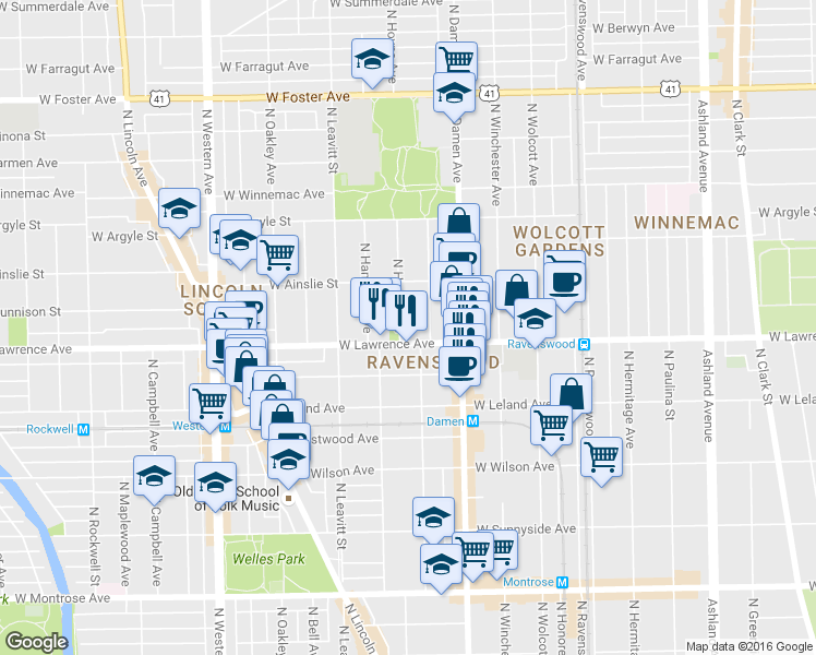 map of restaurants, bars, coffee shops, grocery stores, and more near 2045 West Lawrence Avenue in Chicago