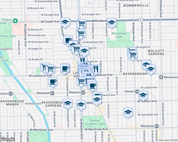 map of restaurants, bars, coffee shops, grocery stores, and more near 4747 North Lincoln Avenue in Chicago