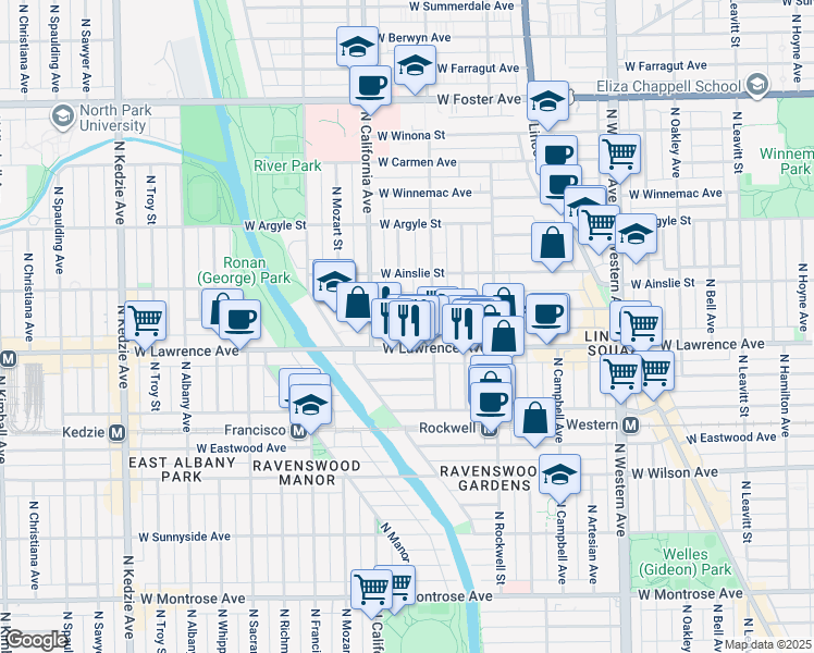 map of restaurants, bars, coffee shops, grocery stores, and more near 2731 West Lawrence Avenue in Chicago