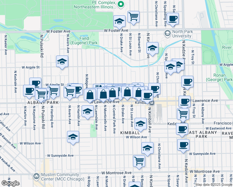 map of restaurants, bars, coffee shops, grocery stores, and more near 3606 West Lawrence Avenue in Chicago