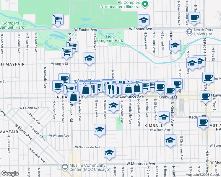 map of restaurants, bars, coffee shops, grocery stores, and more near 3760 West Lawrence Avenue in Chicago