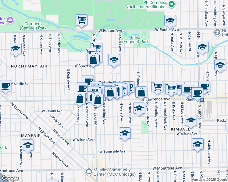 map of restaurants, bars, coffee shops, grocery stores, and more near 4804 North Springfield Avenue in Chicago