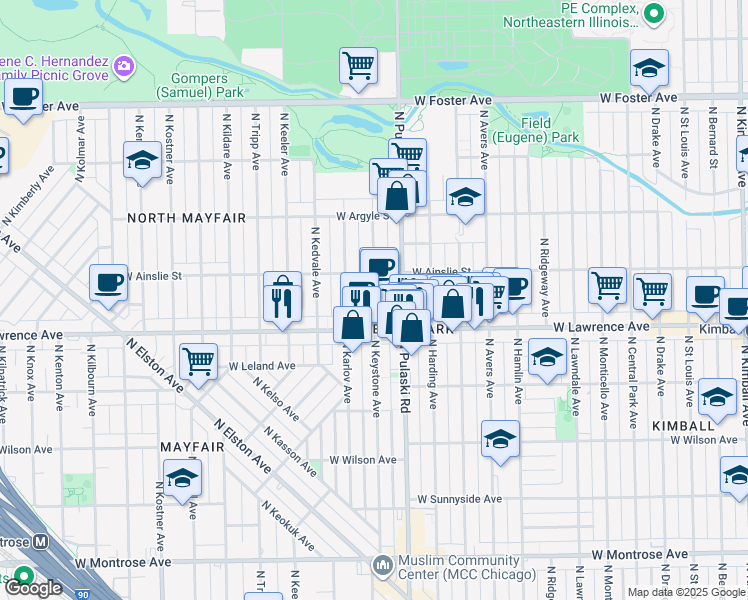 map of restaurants, bars, coffee shops, grocery stores, and more near 4010 West Lawrence Avenue in Chicago