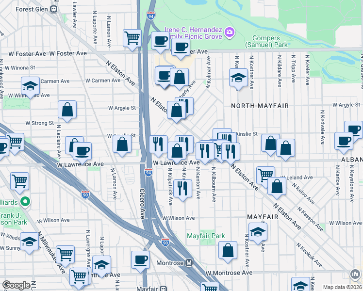 map of restaurants, bars, coffee shops, grocery stores, and more near 4810 North Kentucky Avenue in Chicago