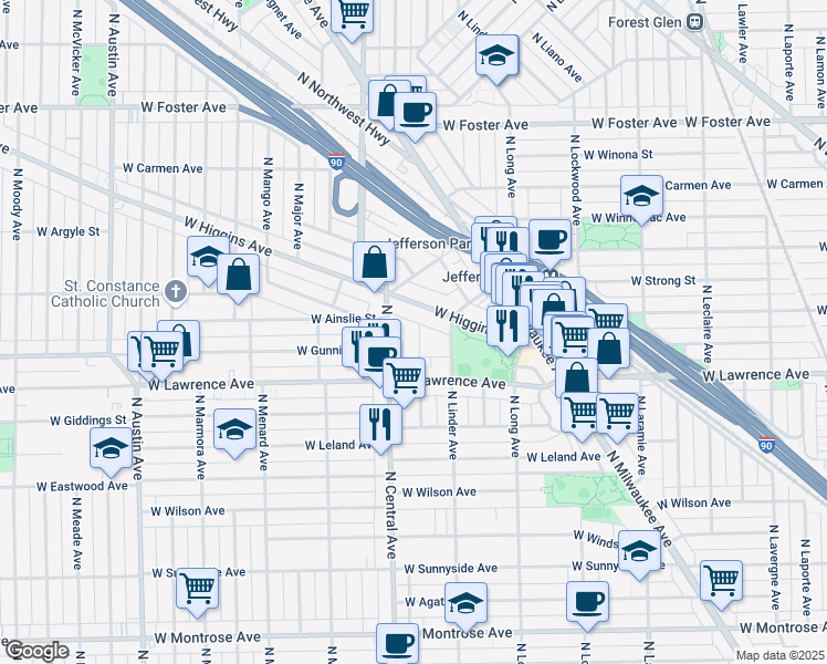 map of restaurants, bars, coffee shops, grocery stores, and more near 4833 North Central Avenue in Chicago